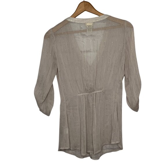 Daytrip Buckle Small S Beige Embellished‎ Beaded Pintuck Roll-tab Button Blouse - Picture 2 of 5